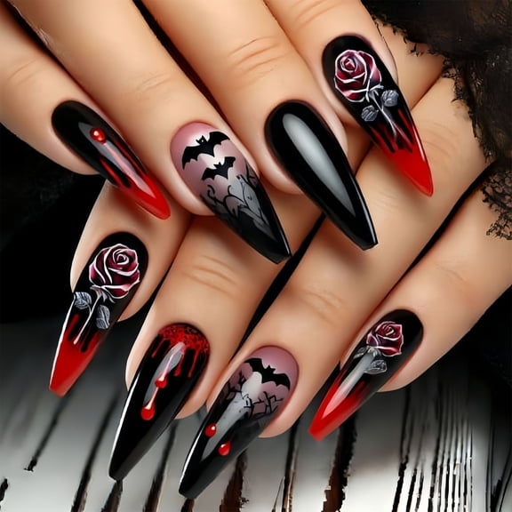 Horror Season Fake Nails Red Gothic Blood Drip Motifs Rose Blood Drip Art Glossy Comfortable Wear Party Accessories