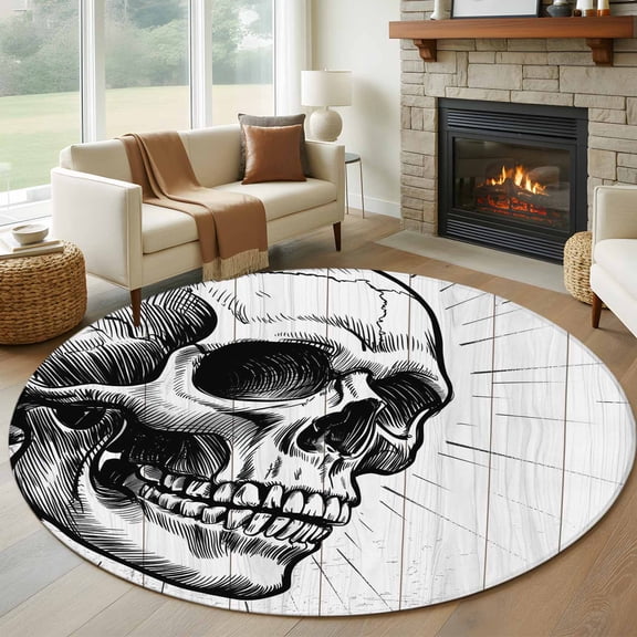 Horror Skull 8' Round Area Rug, Black Skeleton Spooky Halloween Washable Non-Slip Large Circle Rugs for Living Room Bedroom, Soft Low Pile Rug Carpet for Dining Room Kitchen Farmhouse