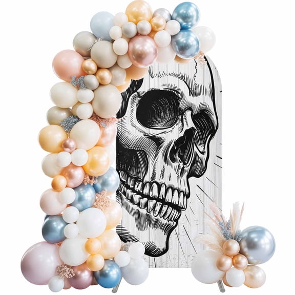 Horror Skull Arch Backdrop Cover 7.2x4 Ft, Spandex Wedding Arch Stand Cover, Black Skeleton Spooky Halloween Round Top Stretch Fitted Background Covers for Birthday Ceremony Party Decor