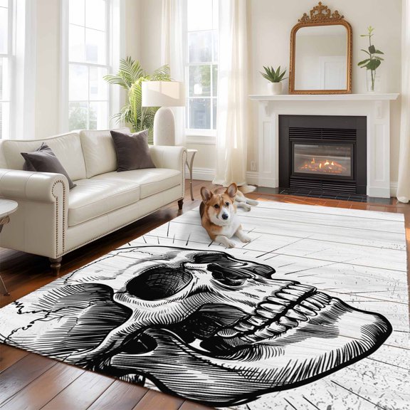 Horror Skull Area Rug 5x8 FT, Non Slip Bedroom Throw Carpet, Black Skeleton Spooky Halloween Washable Soft Floor Carpet Non-Shedding Rug for Living Room Nursery Dorm Office