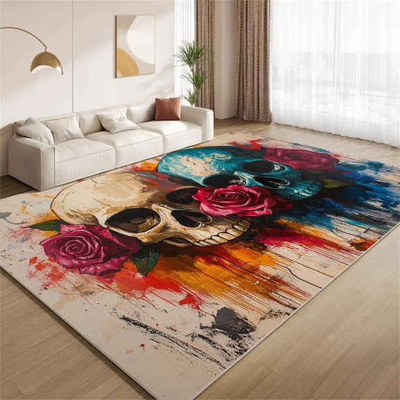 Horror Skull Area Rugs, Rose Skull Doodle Pattern Carpet, Washable Non Slip Low Pile Soft Rug for Living Room Bedroom Office Decor Mat 5ftx8ft