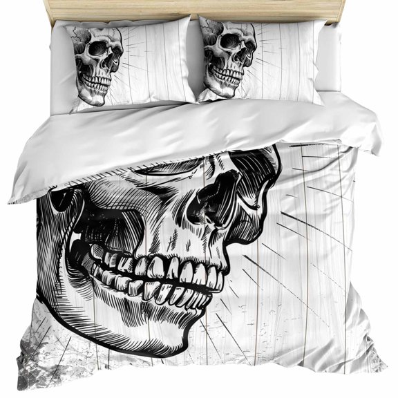 Horror Skull Bedding 3 Piece Duvet Cover Set Queen Size, Black Skeleton Spooky Halloween Soft Microfiber Comforter Cover with Zipper Closure & Pillowcases, Wrinkle & FadeResistant Quilt Cover