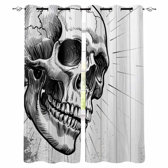 Horror Skull Blackout Curtains 39 Inches Long for Bedroom, Black Skeleton Spooky Halloween Thermal Insulated Room Darkening Black Out Window Curtain Panels Grommet Drapes for Living Room