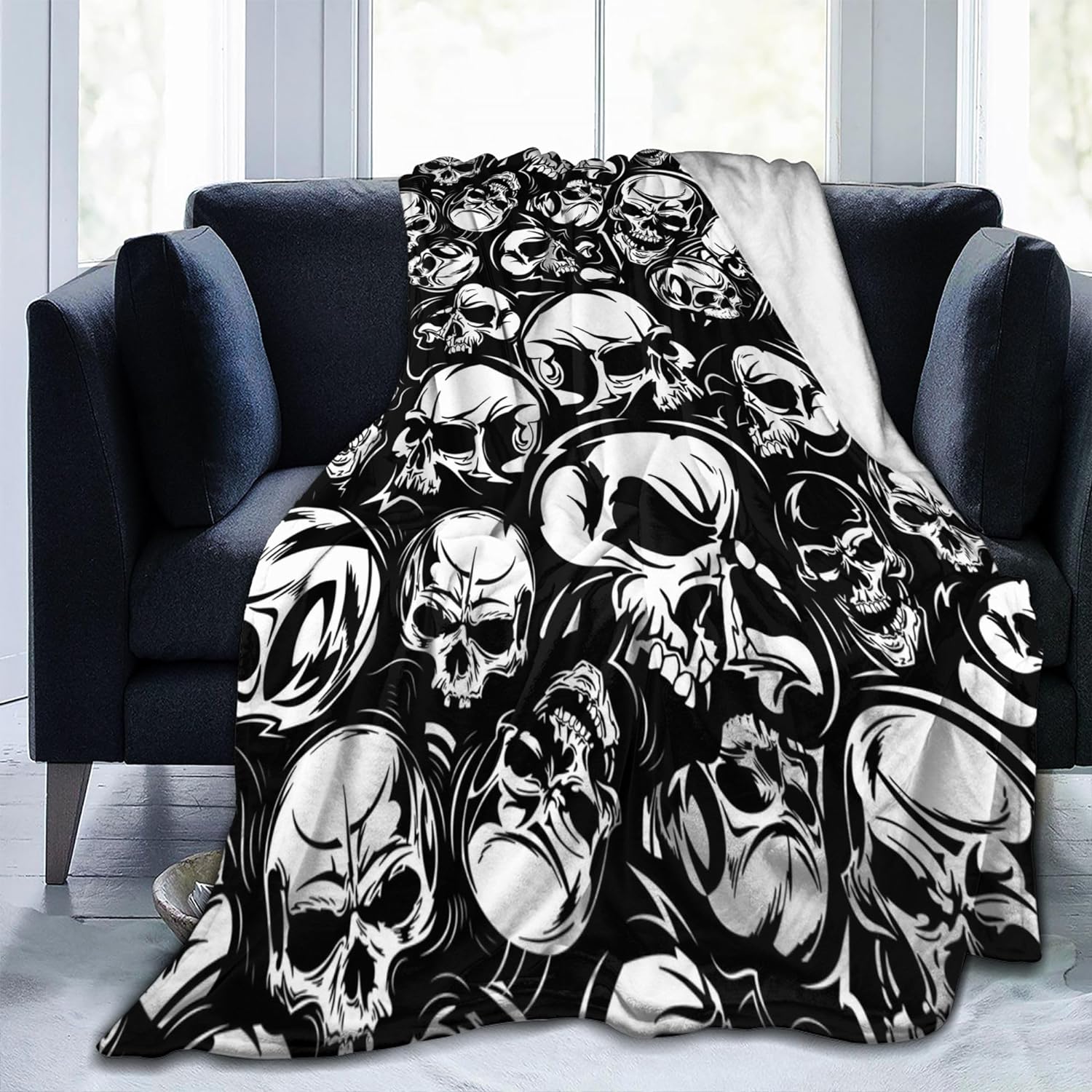 Horror Skull Blanket White Skulls On Black Flannel Throw Blankets