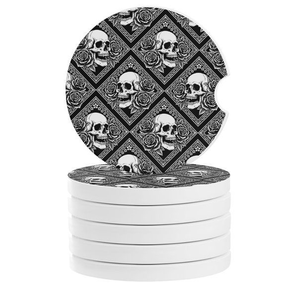 Horror Skull Car Coasters for Cup Holders Set of 6 Absorbent, 2.56" Ceramic Drinks Cupholder Coasters with Finger Notch Black Rose Baroque Abstract Geometric Art Auto Interior Accessories for Women