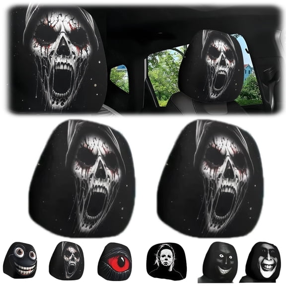 Horror Skull Car Headrest Covers 2 Pack, Double Sided Printed Spooky Scary Headrest Covers for Cars, Stretch Polyester Funny Cartoon Headrest Protector, Universal Automotive Head Rest Decor Accessori