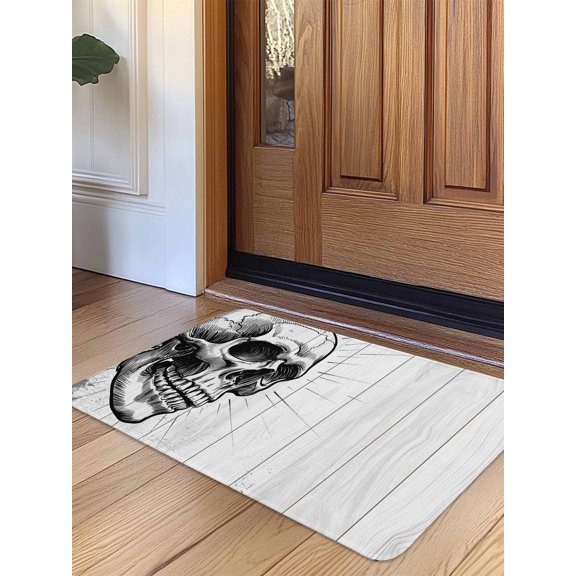 Horror Skull Door Mat Indoor Outdoor Entrance, Non Slip Rug for Kitchen Bathroom Entryway Rug, Black Skeleton Spooky Halloween Washable Doormat Floor Mat for Office Home Decor 24x36 Inch