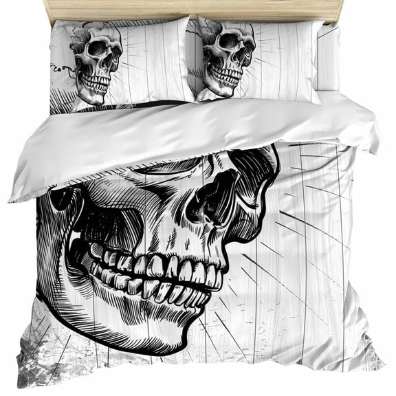Horror Skull Duvet Cover Set, Black Skeleton Spooky Halloween Soft Duvet Cover Queen Size Bedding Set 4 Pieces, 1 Quiltcover and 2 Pillowcases with Zipper, 1 Bed Sheet for All Seasons