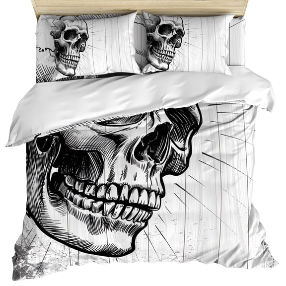 Horror Skull Duvet Cover Set, Black Skeleton Spooky Halloween Soft Duvet Cover Twin Size Bedding Set 4 Pieces, 1 Quiltcover and 2 Pillowcases with Zipper, 1 Bed Sheet for All Seasons