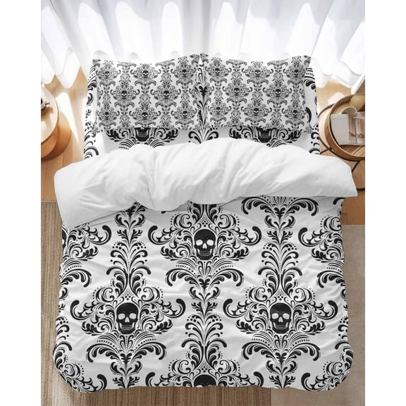 Horror Skull Duvet Cover Set Twin 4 Pieces Black White Floral Pattern Spooky Skeleton Horror Skull Flower Bedding Set with Zipper Closure,1 Comforter Cover 68x86 In 1 Flat Sheet&2 Pillow Cases