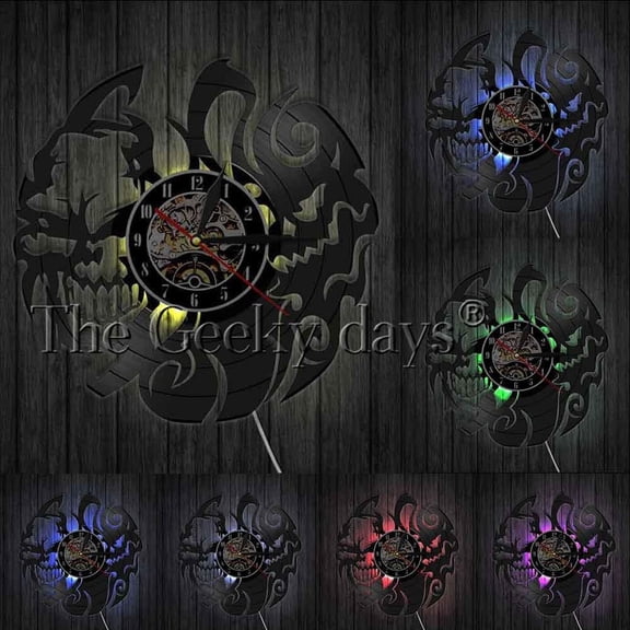 Horror Skull Gothic Halloween Decor Wall Clock Scary Skeleton Vinyl Record Wall Clock Devil Skull Gifts Decorative Wall Watch