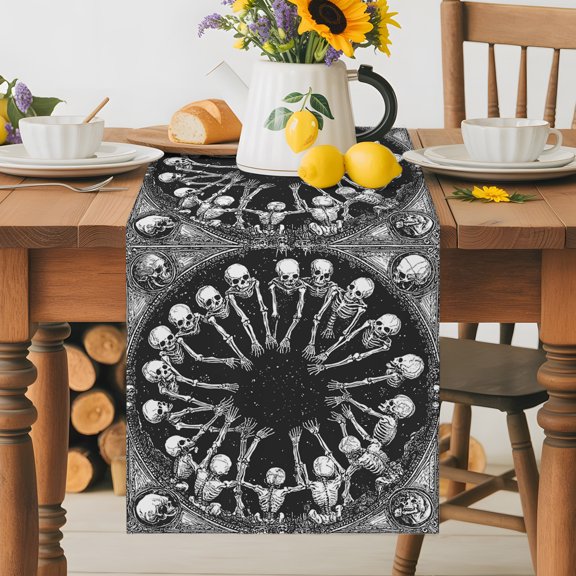 Horror Skull Halloween Black Table Runner 72 Inches Long, Round Skeleton Seamless Table Runners Tabletop Scarf Kitchen Dining Tables Decoration for Home Party Indoor Outdoor