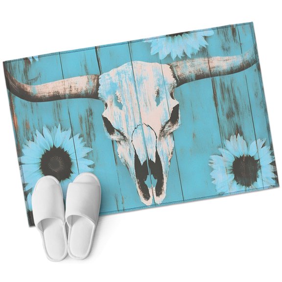 Horror Skull Head Bathroom Rug Washable 2x3 Entryway Rug Non Slip Sunflowers Boho Distressed Wood Grain Front Door Mat Low Pile Indoor Doormat Throw Floor Carpet for Kitchen Bedroom Entrance