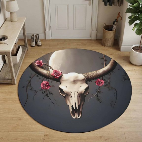 Horror Skull Head Round Area Rug 4Ft Washable Circle Rugs for Bedroom Dining Room, Western Horns Boho Southwestern Non-Slip Carpet Floor Mats Indoor Outdoor Carpet Runner Aesthetic Home Decor
