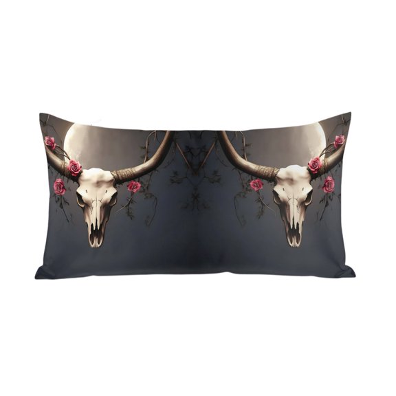 Horror Skull Head Satin Pillowcases with Zipper Cal King Size Cooling Silk Pillow Cases for Hair and Skin Smooth Soft Western Horns Boho Southwestern Throw Pillow Covers for Women Men 20x40 Inch