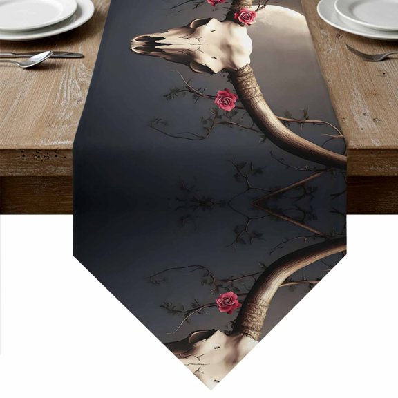 Horror Skull Head Table Runner Linen Burlap Table Runner 60 Inches Long Western Horns Boho Southwestern Dresser Scarves for Kitchen Island Coffee Dining Room Party Wedding Holiday Decoration 13"x60"