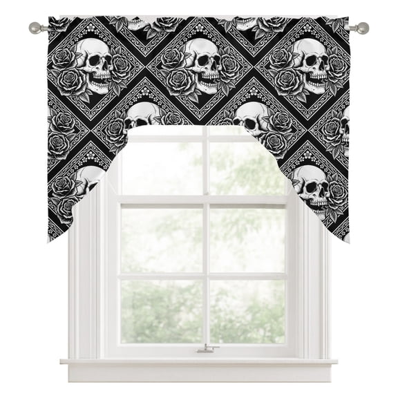 Horror Skull Kitchen Curtains Swag Valance for Windows/Bathroom/Cafe, Black Rose Baroque Abstract Geometric Art Rod Pocket Drape Panel Swag Curtains Valance for Bedroom/Living Room 56"x36"