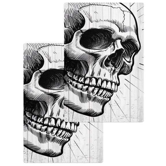 Horror Skull Kitchen Dish Towels for Drying Dishes Set of 2, Black Skeleton Spooky Halloween Waffle Weave Microfiber Hand Tea Bathroom Towels Quick Dry & Absorbent Towel 15.7x23.6