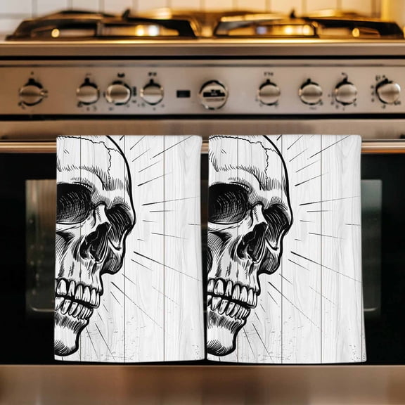 Horror Skull Kitchen Towels Set of 1, Black Skeleton Spooky Halloween Absorbent Dish Towels for Kitchen, Microfiber Hand Towel, Quick Drying Tea Towel for Cleaning Decorative Dishcloths
