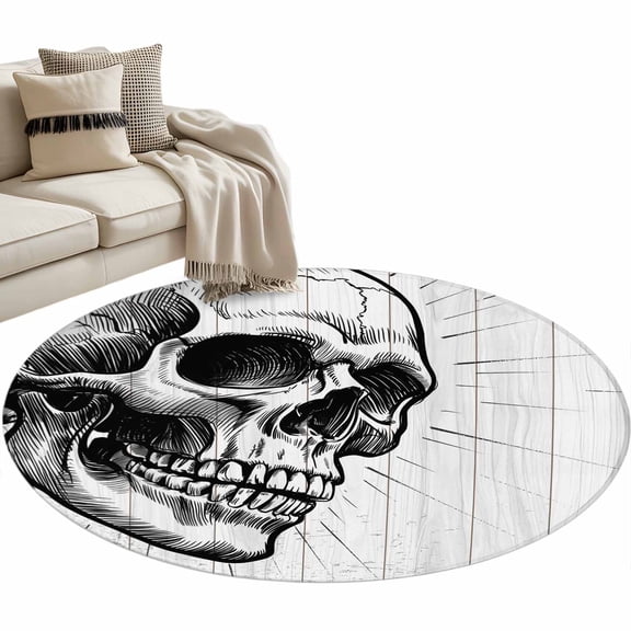 Horror Skull Large Area Rugs for Bedroom Living Room, Soft Non Slip Carpet Bedside Rug, Black Skeleton Spooky Halloween Round Floor Cover Kitchen Accent Rug 4' for Dining Room/Office