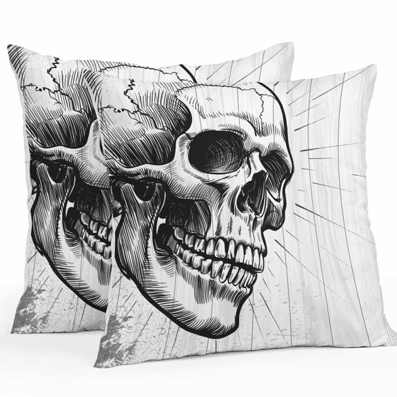 Horror Skull Outdoor Pillow Covers, Waterproof Decorative Throw Pillowcases Set of 2, Black Skeleton Spooky Halloween Couch Cushion Cases with Zipper for Outside Patio Garden Sofa 16"x16"