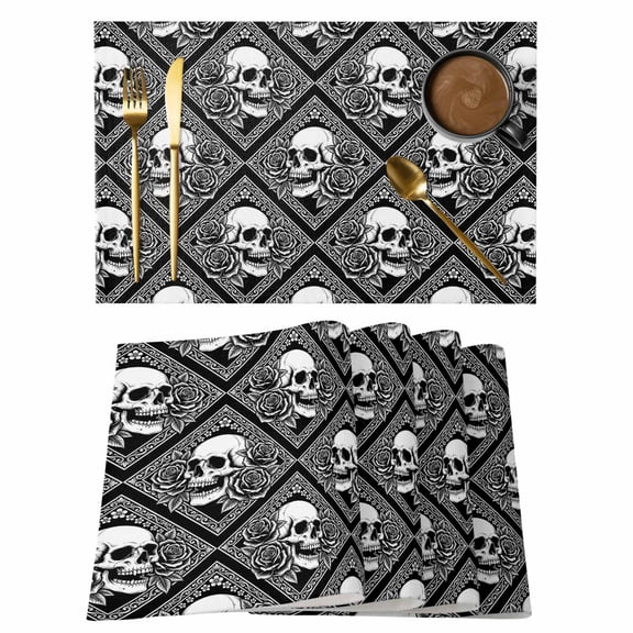 Horror Skull Placemats Set of 12 Black Rose Baroque Abstract Geometric Art Place Mats Indoor Wipeable Table Mats Washable Cloth Dining Table Placemats for Kitchen Holiday Party Home Decor 13x19 Inch