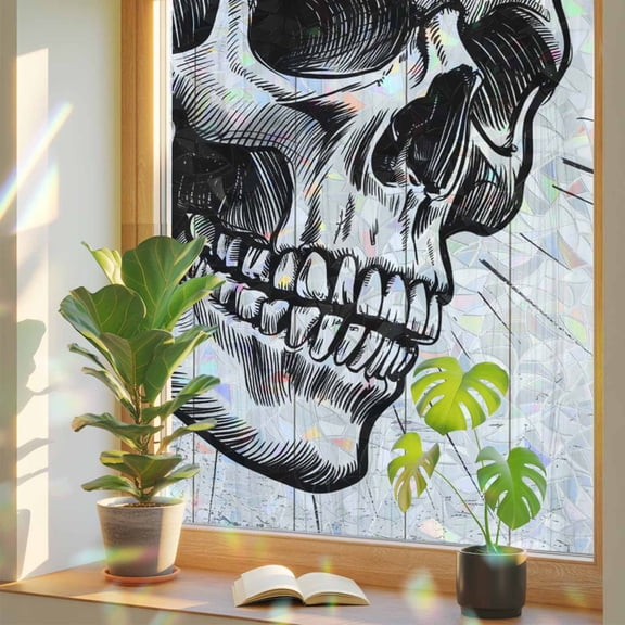 Horror Skull Privacy Window Film, Decorative Stained Glass Window Film, Black Skeleton Spooky Halloween Resuable Rainbow Static Cling for Home Bathroom Living Room Glass Door 17.7"x39.3"