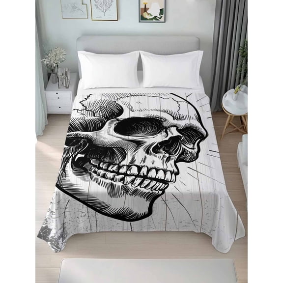 Horror Skull Queen Size Flat Sheet, Wrinkleproof & Fadeproof Cooling Flat Bed Sheet Only, Black Skeleton Spooky Halloween Breathable Soft Bedding Top Sheets 90 x 102 Inches