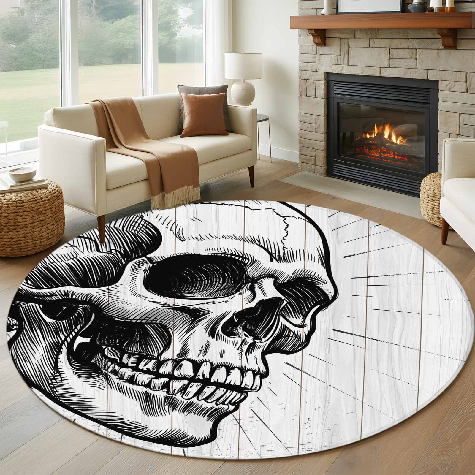 Horror Skull Round Area Rug 5 FT, Non Slip Bedroom Rugs, Black Skeleton ...