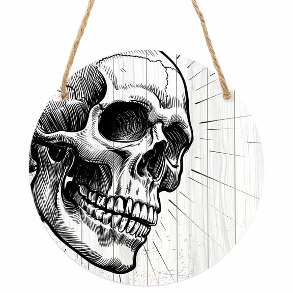 Horror Skull Round Front Door Welcome Sign, 5.9 Inch Wall Hanging Decor for Indoor Outdoor, Black Skeleton Spooky Halloween Home Porch Hanger Decorations for Holiday Gift