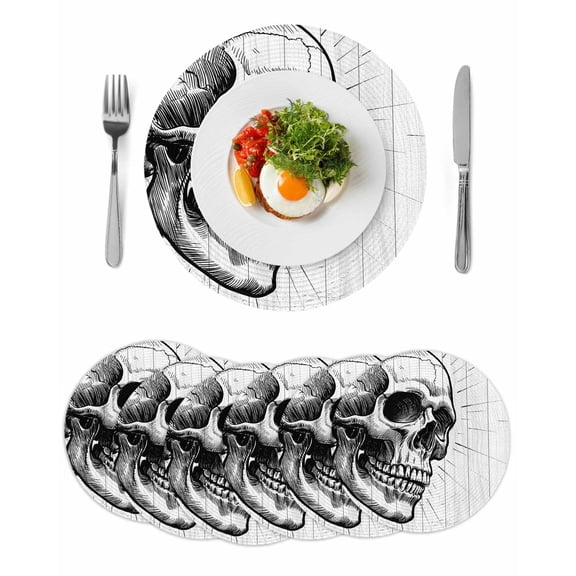 Horror Skull Round Placemats Set of 6 for Dinning Tables,Heat-proof Braided Table Mats 15 Inch,Black Skeleton Spooky Halloween Washable Place Mat for Kitchen Restaurant Party Decor Table Setting