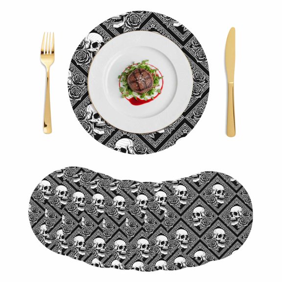 Horror Skull Round Placemats Set of 8 Black Rose Baroque Abstract Geometric Art Place Mats Indoor Woven Table Mats Washable Heat-Resistance Braided Dining Table Placemats for Kitchen Decor 13 Inch