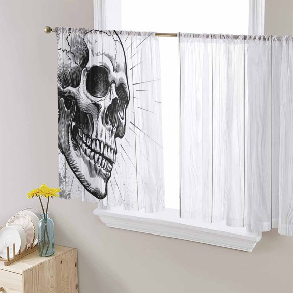Horror Skull Sheer Curtains 54 Inches Length 2 Panels Set, Window Sheer Curtains for Living Room/Bedroom, Black Skeleton Spooky Halloween Light Filtering Rod Pocket Curtain 52'' x 54'' x 2