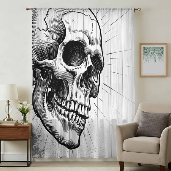 Horror Skull Sheer Curtains 54 Inches Long, Black Skeleton Spooky Halloween Light Filering Curtains, Breathable Simi Curtain Privacy Drapes for Kitchen Bathroom Lightweight Small Window Treatment