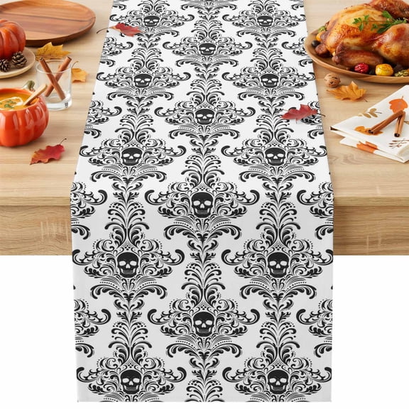Horror Skull Table Runner 13x36 Inch Black White Floral Pattern Spooky Skeleton Horror Skull Flower Cotton Linen Dining Table Runner Ideal for Dresser Kitchen Coffee Tables - Machine Washable