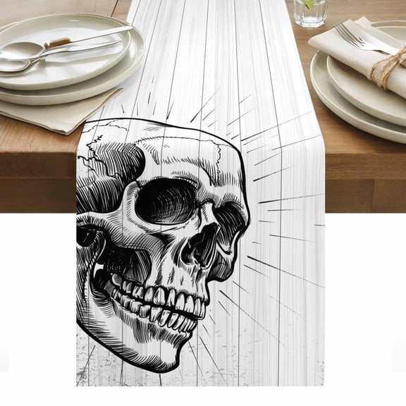 Horror Skull Table Runner - 36 Inch Long, Kitchen Dining Table Runner Dresser Scarves, Black Skeleton Spooky Halloween Farmhouse Decor for Coffee Tables Wedding Party Banquet