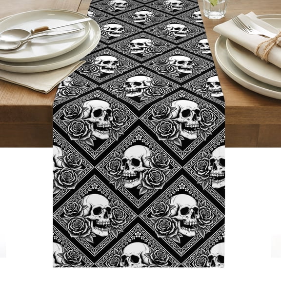 Horror Skull Table Runner Black Rose Baroque Abstract Geometric Art Tablerunners 13 x 36 Inch, Table Decorations Tabletop Scarf for Summer Gathering Holiday Farmhouse Kitchen Dining Decor