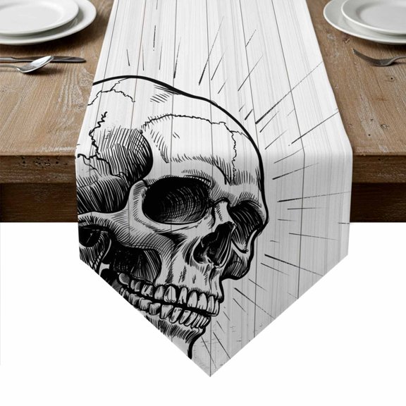 Horror Skull Table Runner Linen Burlap Table Runner 36 Inches Small Black Skeleton Spooky Halloween Dresser Scarves for Kitchen Island Coffee Dining Room Party Wedding Holiday Decoration 13"x36"