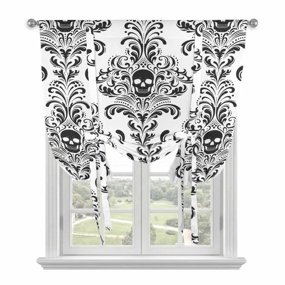 Horror Skull Tie Up Curtains, Black White Floral Pattern Spooky Skeleton Horror Skull Flower Adjustable Rod Pocket Balloon Curtains Light Blocking Window Treatment for Kitchen Living Room, 34×45 In