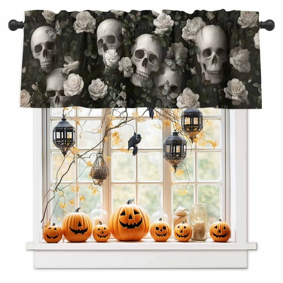 Horror Skull White Rose Flower Butterfly Curtain Valances for Kitchen Windows,Rod Pocket Short Valance Halloween Theme Small Window Treatment for Living Room Bathroom Bedroom,54" x 18"-1 Panel
