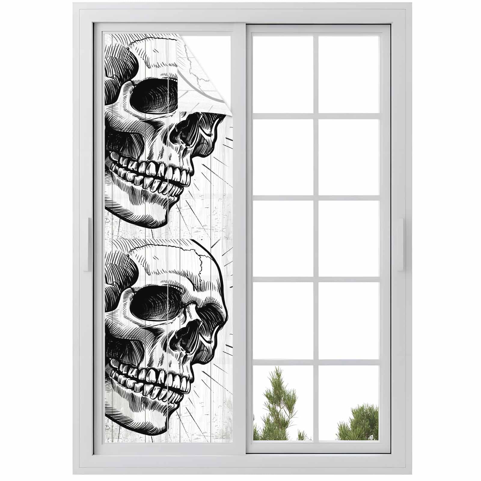 Horror Skull Window Privacy Film, Black Skeleton Spooky Halloween Static Cling UV Sun Blocking Heat Control Window Tint Day and Night, Non-Adhesive One Way Windows Privacy Cover 17.7''x78.7''