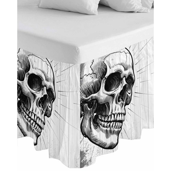 Horror Skull Wrap Around Bed Skirts for Queen Bed 16" Drop, Bed Skirt with Adjustable Elastic Belt Dust Ruffle Bed Valance for Bedroom Hotel Luxury Black Skeleton Spooky Halloween Bed Frame Cover