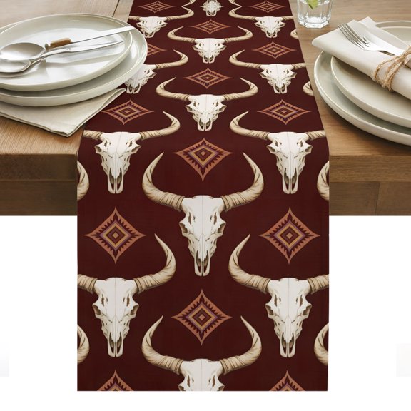 Horror Skulls Table Runner Southwestern Horns Boho Tribal Ethnic Tablerunners 13 x 36 Inch, Table Decorations Tabletop Scarf for Summer Gathering Holiday Farmhouse Kitchen Dining Decor
