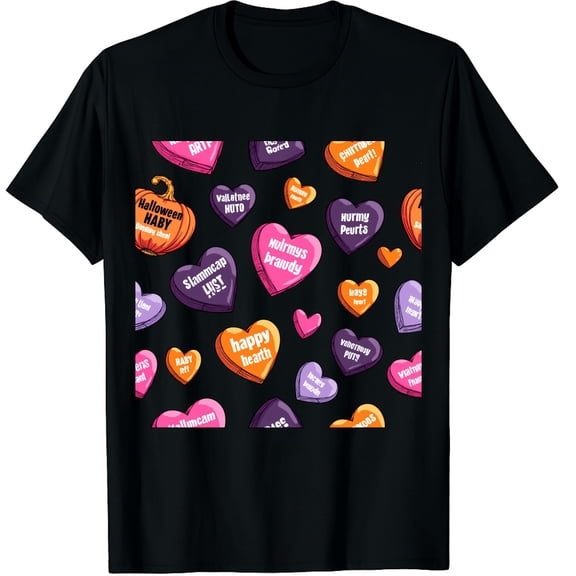 Horror Spooky Candy Heart Valentines Day Lover Tee Halloween Graphic Black T-Shirt for Men and Women