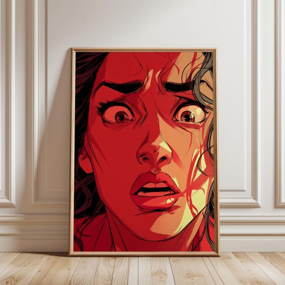 Horror Style Woman Face Print Intense Red Psychological Wall Art, Unframed Paper Print