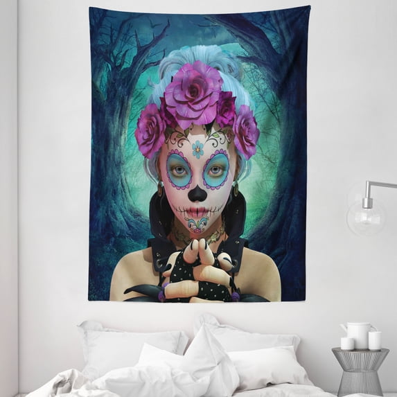 Horror Tapestry, Scary Clown like Girls Showing her Hands with Gloves an Flowers in Her Head Print, Wall Hanging for Bedroom Living Room Dorm Decor, 60W X 80L Inches, Multicolor, by Ambesonne