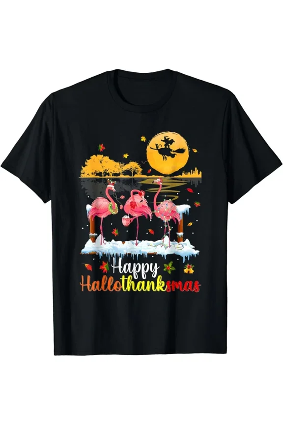 Horror Thanksgiving Xmas Happy Hallo Thanksmas Flamingo T-Shirt Unisex S-5XL Hot Trending Shirt Birthday Gift