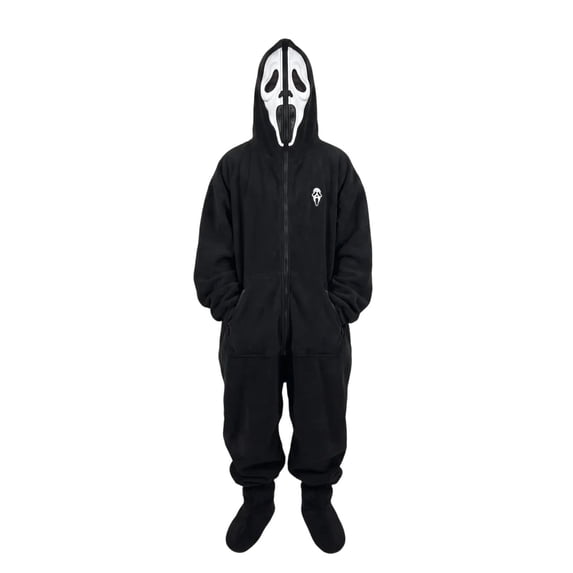 Horror Theme Fleece On-esie Jumpsuit with Screaming Mask Halloween Cosplay Loungewear for Adults