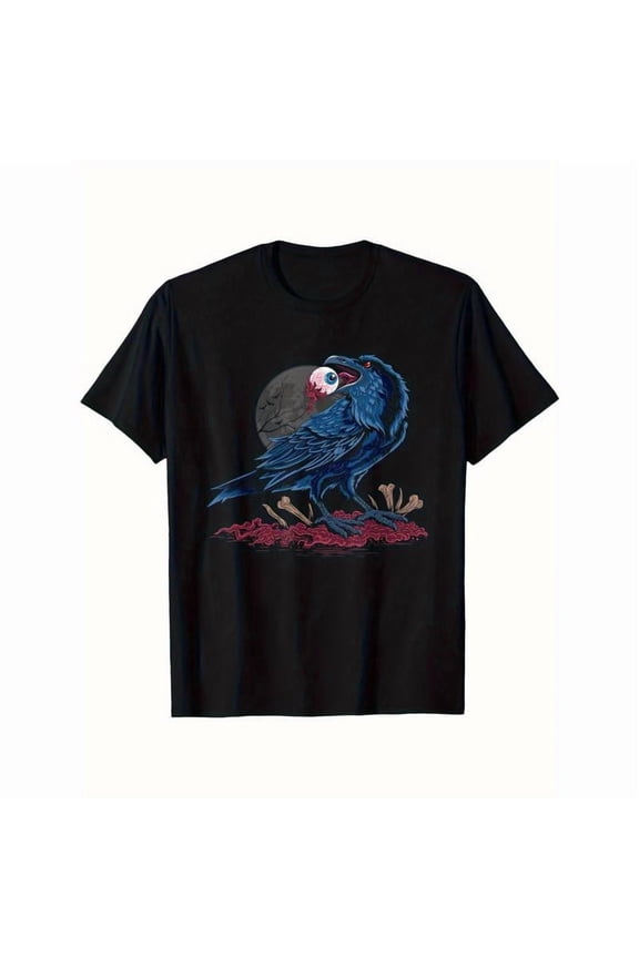 Horror - Vibe Graphic Tee,Tops Has Relatable “Raven with Eyeball & Bones Pattern” Design,Round Neck Regular Fit T - shirts, Size(S - 5XL)