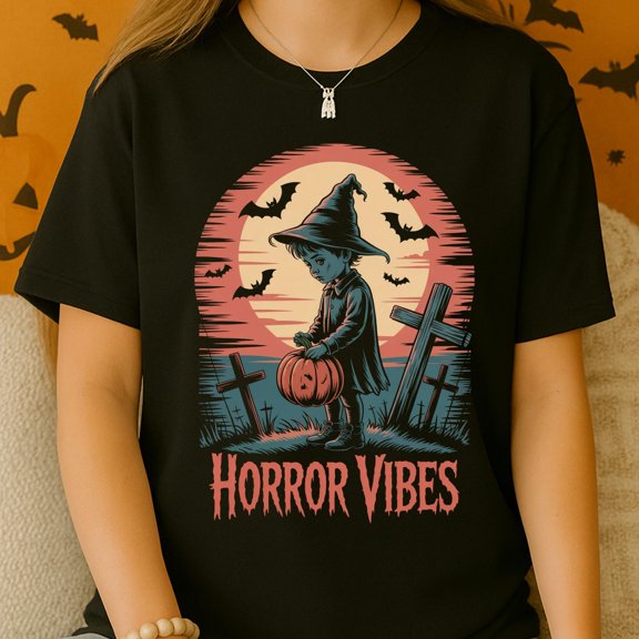 Horror Vibes Shirt, Spooky Halloween Witch T-Shirt, Gothic Graveyard Graphic Tee, Creepy Pumpkin Bats Scary Gift Top, Gothic Witch T-Shirt